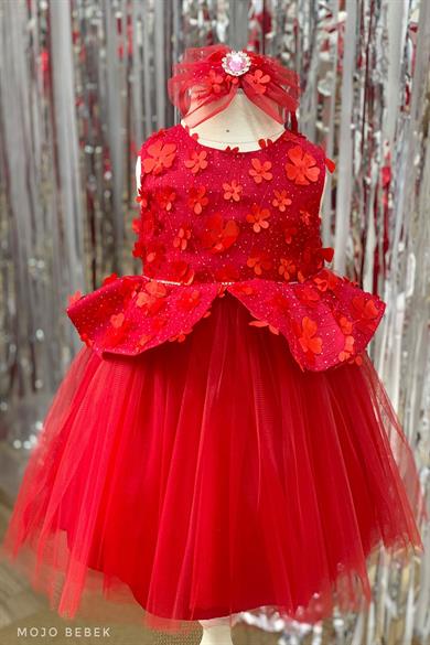 Milo Kız Çocuk Papatyalı Dantelli Abiye Elbise 5156 Kırmızı