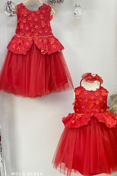Milo Kız Çocuk Papatyalı Dantelli Abiye Elbise 5156 Kırmızı