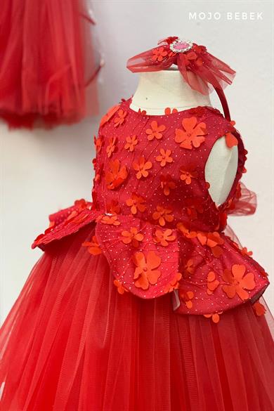 Milo Kız Çocuk Papatyalı Dantelli Abiye Elbise 5156 Kırmızı