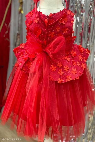 Milo Kız Çocuk Papatyalı Dantelli Abiye Elbise 5156 Kırmızı