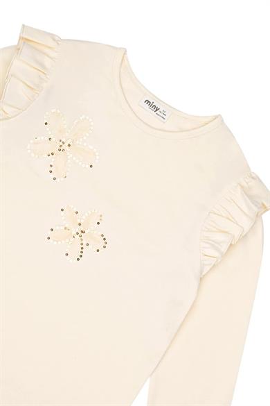 Minycenter Kız Çocuk 2-6 Yaş Çiçek Nakışlı Omuz Fırfırlı Uzun Kollu T-Shirt Krem