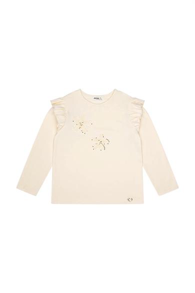Minycenter Kız Çocuk 2-6 Yaş Çiçek Nakışlı Omuz Fırfırlı Uzun Kollu T-Shirt Krem