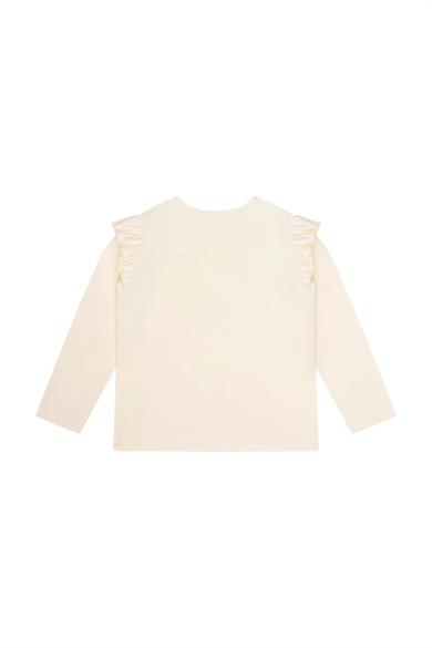 Minycenter Kız Çocuk 2-6 Yaş Çiçek Nakışlı Omuz Fırfırlı Uzun Kollu T-Shirt Krem