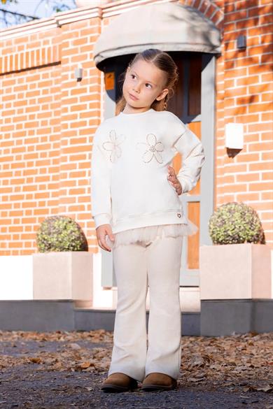 Minycenter Kız Çocuk 2-6 Yaş Çiçek Nakışlı Tüllü Sweatshirt Ekru