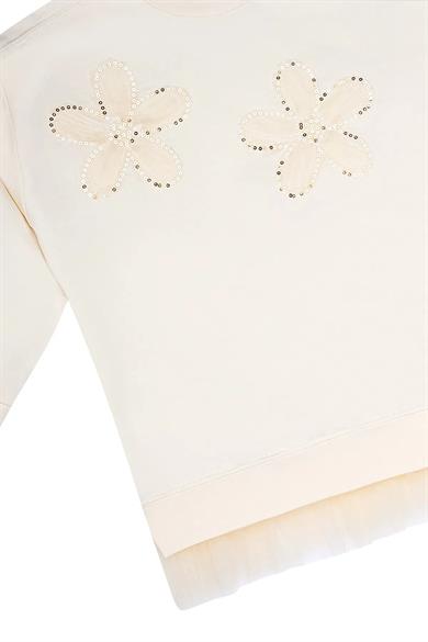 Minycenter Kız Çocuk 2-6 Yaş Çiçek Nakışlı Tüllü Sweatshirt Ekru