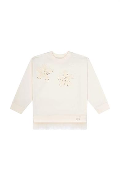 Minycenter Kız Çocuk 2-6 Yaş Çiçek Nakışlı Tüllü Sweatshirt Ekru