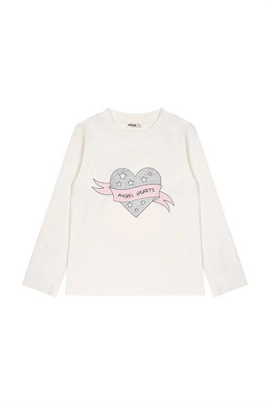 Minycenter Kız Çocuk 2-6 Yaş Kalp Baskılı Uzunkol T-Shirt Ekru