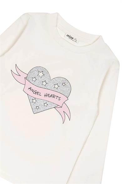 Minycenter Kız Çocuk 2-6 Yaş Kalp Baskılı Uzunkol T-Shirt Ekru