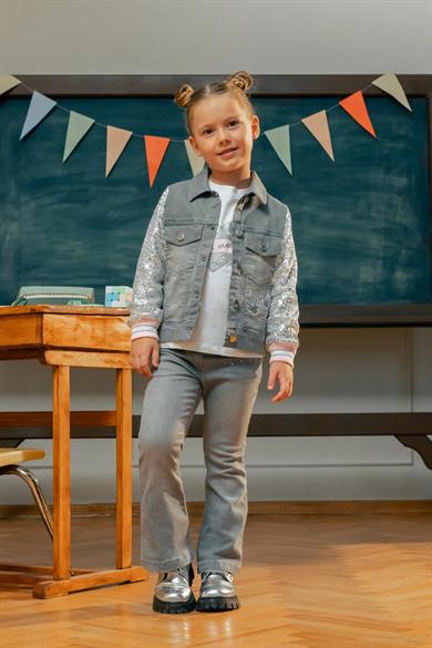 Minycenter Kız Çocuk 2-6 Yaş Pul Payetli Nakışlı Denim Ceket Gri