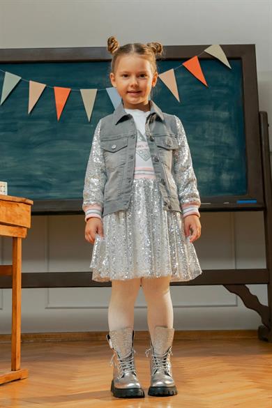 Minycenter Kız Çocuk 2-6 Yaş Pul Payetli Nakışlı Denim Ceket Gri
