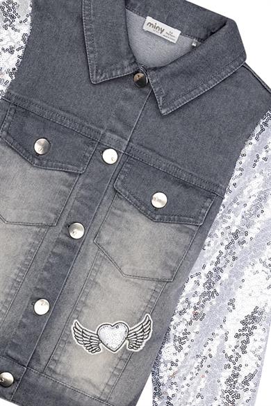 Minycenter Kız Çocuk 2-6 Yaş Pul Payetli Nakışlı Denim Ceket Gri