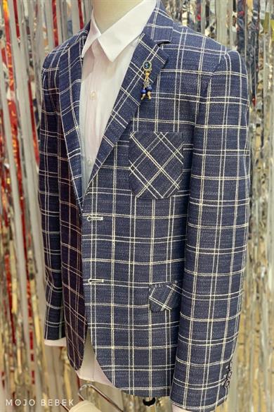 Mogi Erkek Çocuk Kareli Ceket Pantolon Takım Elbise 20225 Lacivert