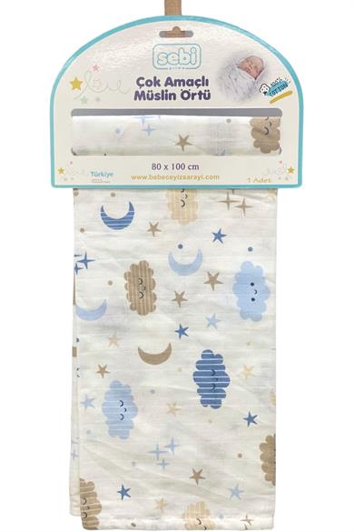 Mojo Bebek %100 Pamuk Çok Amaçlı Müslin Örtü 9209 Mavi