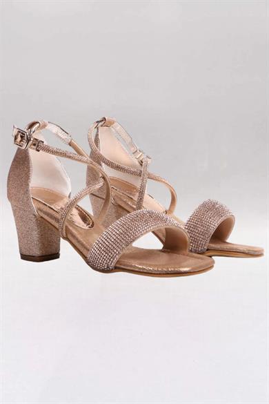 Mojo Bebek Kız Çocuk Çapraz Bağlı Simli Topuklu Ayakkabı K61 Rose