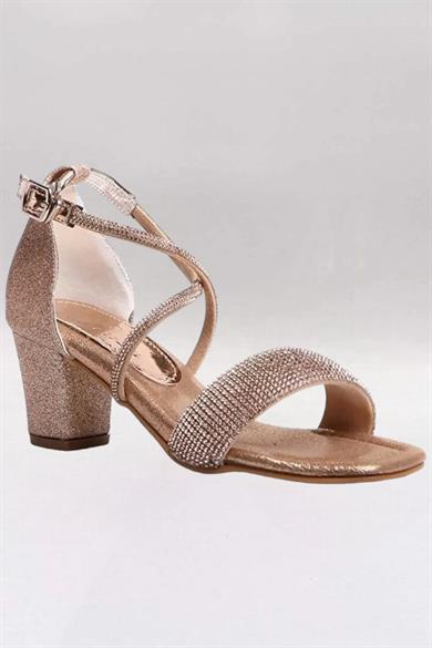 Mojo Bebek Kız Çocuk Çapraz Bağlı Simli Topuklu Ayakkabı K61 Rose