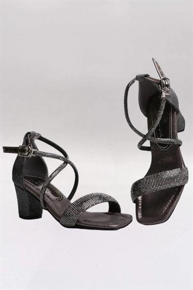 Mojo Bebek Kız Çocuk Çapraz Bağlı Simli Topuklu Ayakkabı K61 Platin