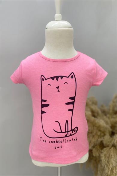 Mojo Bebek Kız Çocuk Kedi Baskılı Kısa Kollu T-shirt 219341 Pembe