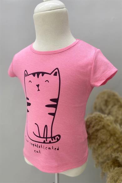 Mojo Bebek Kız Çocuk Kedi Baskılı Kısa Kollu T-shirt 219341 Pembe