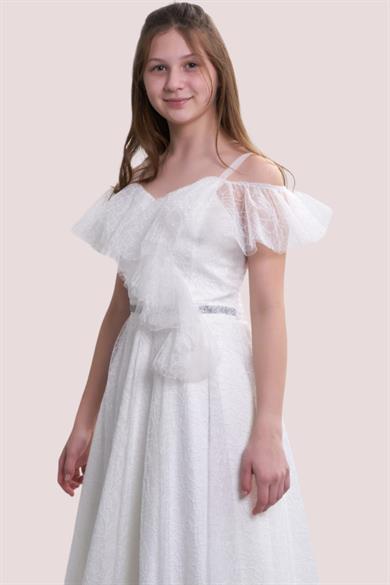 Mojo Bebek Kız Çocuk Simli Fırfır Detaylı Beli Taşlı Abiye 5334 Krem