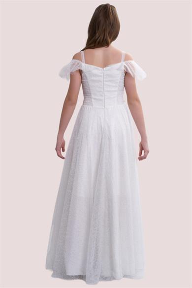 Mojo Bebek Kız Çocuk Simli Fırfır Detaylı Beli Taşlı Abiye 5334 Krem