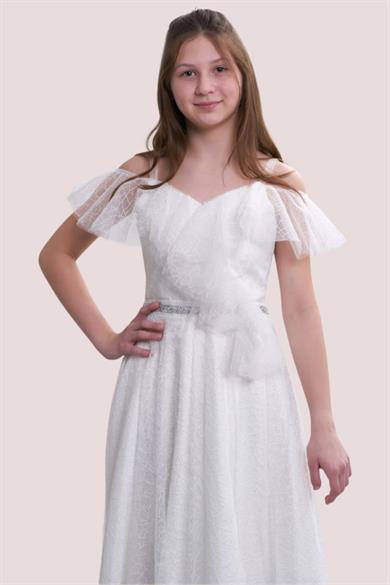 Mojo Bebek Kız Çocuk Simli Fırfır Detaylı Beli Taşlı Abiye 5334 Krem