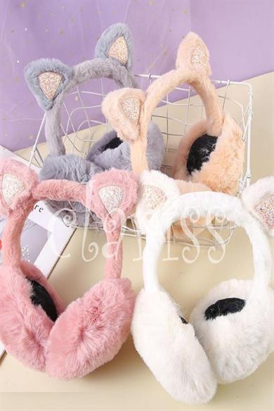 Mojo Bebek Kız Çocuk Simli Kedi Kulak Figürlü Peluş Kulaklık 19121 Gri