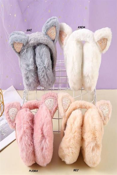 Mojo Bebek Kız Çocuk Simli Kedi Kulak Figürlü Peluş Kulaklık 19121 Gri