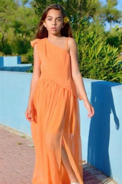 Mojo Bebek Kız Çocuk Tek Omuz Şifon Abiye Elbise 5478 Turuncu