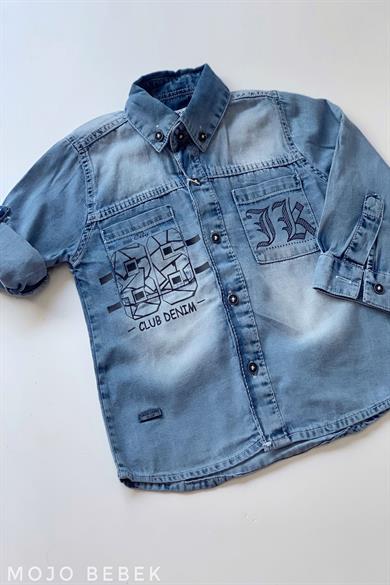 Mojo Erkek Bebek 1-4 Yaş Cepli Baskılı Kot Gömlek 20112 Mavi