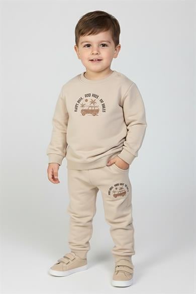 Mojo Erkek Bebek 1-4 Yaş Desenli Eşofman Takımı Bej