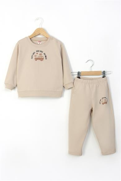 Mojo Erkek Bebek 1-4 Yaş Desenli Eşofman Takımı Bej