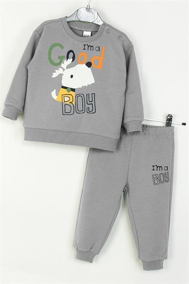 Mojo Erkek Bebek 1-4 Yaş Desenli İkili Eşofman Takımı Gri