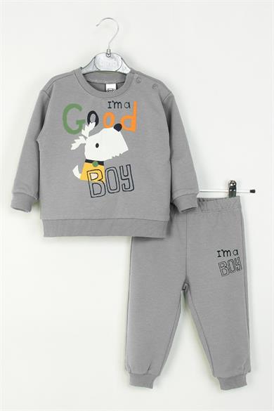 Mojo Erkek Bebek 1-4 Yaş Desenli İkili Eşofman Takımı Gri