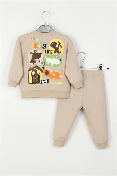 Mojo Erkek Bebek 1-4 Yaş Desenli İkili Eşofman Takımı Bej