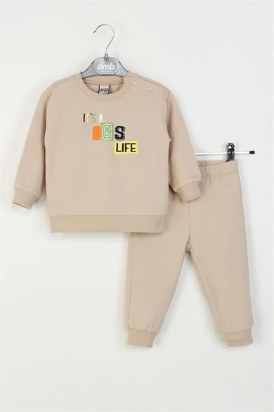 Mojo Erkek Bebek 1-4 Yaş Desenli İkili Eşofman Takımı Bej