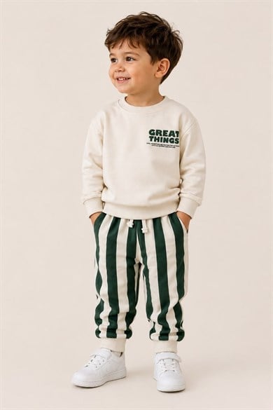 Mojo Erkek Bebek 1-4 Yaş Great New Day Baskılı Eşofman Takımı Krem-Haki
