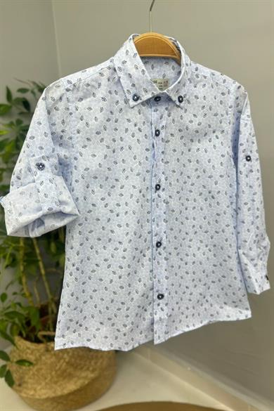 Mojo Erkek Bebek 1-5 Yaş Yaprak Desen Katlamalı Kol Gömlek 1818 Mavi