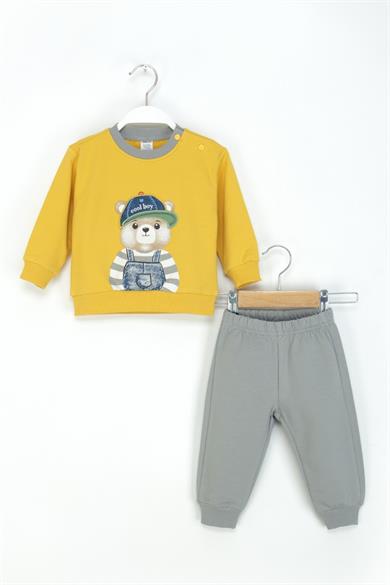 Mojo Erkek Bebek 9-24 Ay Ayıcık Desenli Eşofman Takımı Sarı