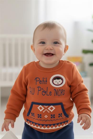 Mojo Erkek Bebek 9-24 Ay Baskılı Üç İplik Eşofman Takımı Kiremit