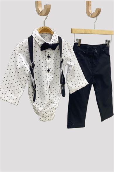 Mojo Erkek Bebek Çıtçıtlı Gömlek Pantolon Takımı 710116 Beyaz-Siyah