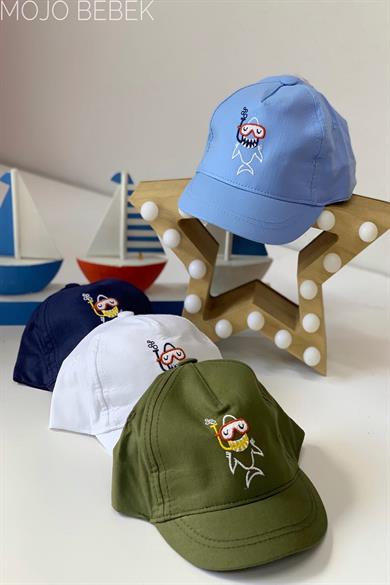 Mojo Erkek Bebek Köpek Balığı Desenli Kasket Şapka 8010 Beyaz