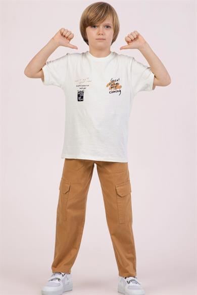 Mojo Erkek Çocuk %100 Pamuk Sırt Baskılı T-shirt 7681 Krem