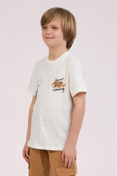 Mojo Erkek Çocuk %100 Pamuk Sırt Baskılı T-shirt 7681 Krem