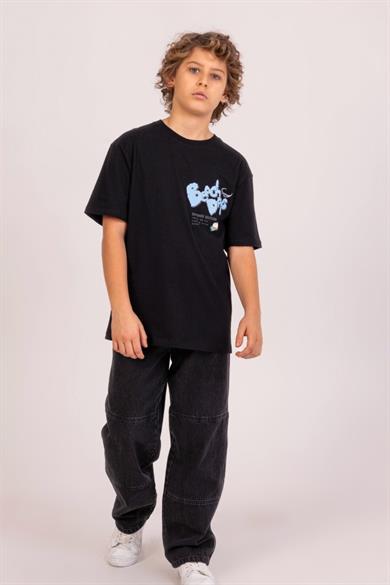 Mojo Erkek Çocuk 9-14 Yaş %100 Pamuk Sırt Baskılı T-shirt 7688 Siyah