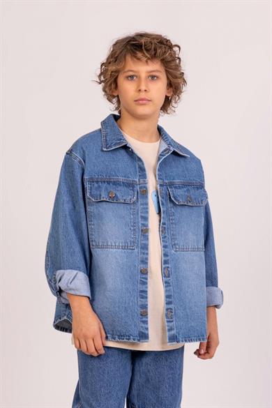 Mojo Erkek Çocuk 9-14 Yaş Cepli Denim Gömlek Ceket 7671 Kot Mavi