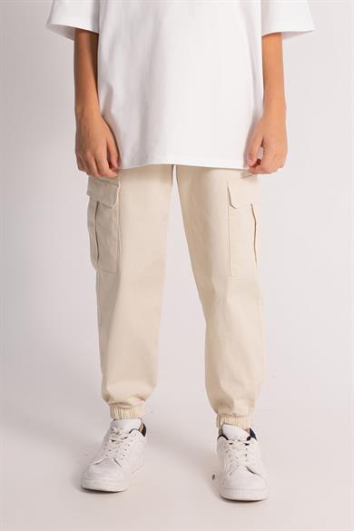 Mojo Erkek Çocuk 9-14 Yaş Lastikli Paça Kargo Cep Pantolon 7659 Krem