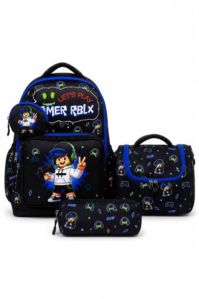 Mojo Erkek Çocuk İlkokul Boy Baskılı Su Geçirmez Okul Çanta- 4lü Set Siyah