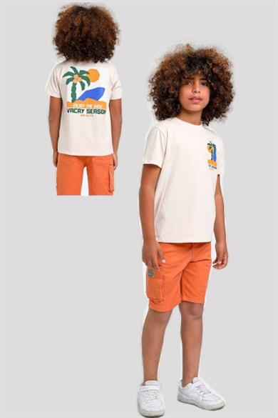 Mojo Erkek Çocuk Önü ve Arkası Baskılı Kısa Kol T-shirt 1620 Bej
