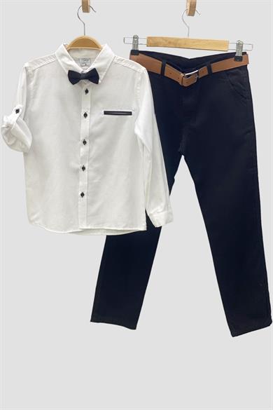 Mojo Erkek Çocuk 9-12 Yaş Papyonlu Gömlek Pantolon Takım Beyaz-Siyah