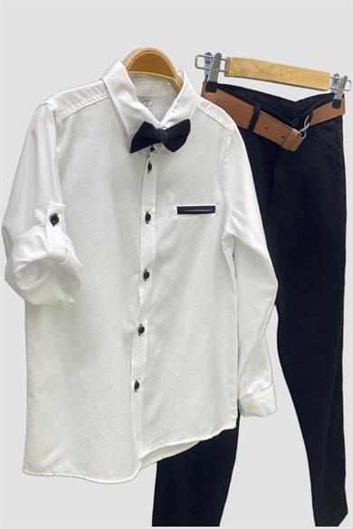 Mojo Erkek Çocuk 9-12 Yaş Papyonlu Gömlek Pantolon Takım Beyaz-Siyah